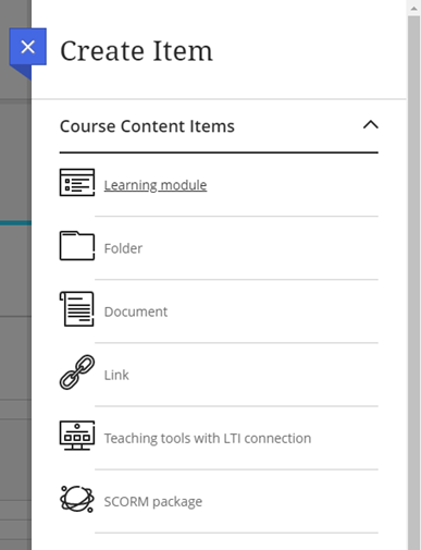 Blackboard Ultra module showing the Create Item menu