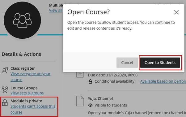 Screenshot of a module showing where to click to set the availability of the module.