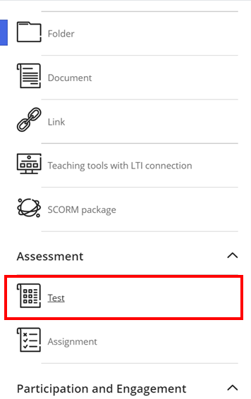 Blackboard module create content menu with Test button highlighted