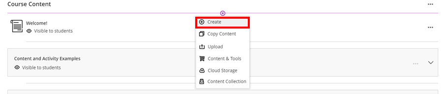 Blackboard Ultra module showing the create content menu in Course content 