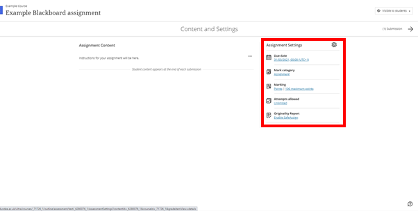 Blackboard assignment screen highlighting the Assignment Settings segment