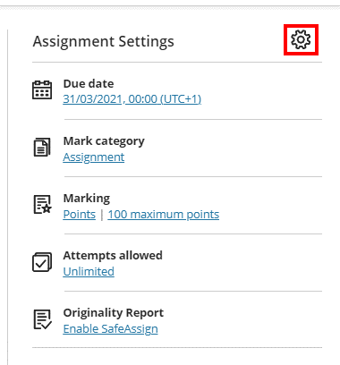 Blackboard assignment settings segment highlighting settings cogwheel