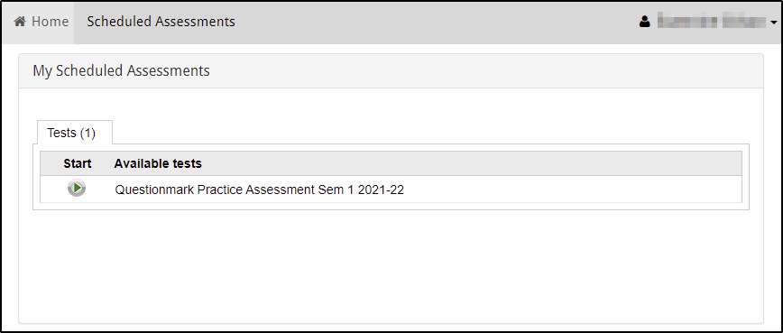 Screenshot of the Questionmark home page showing the My Scheduled Assessments section