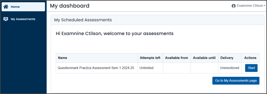Questionmark home page showing the My Scheduled Assessments section