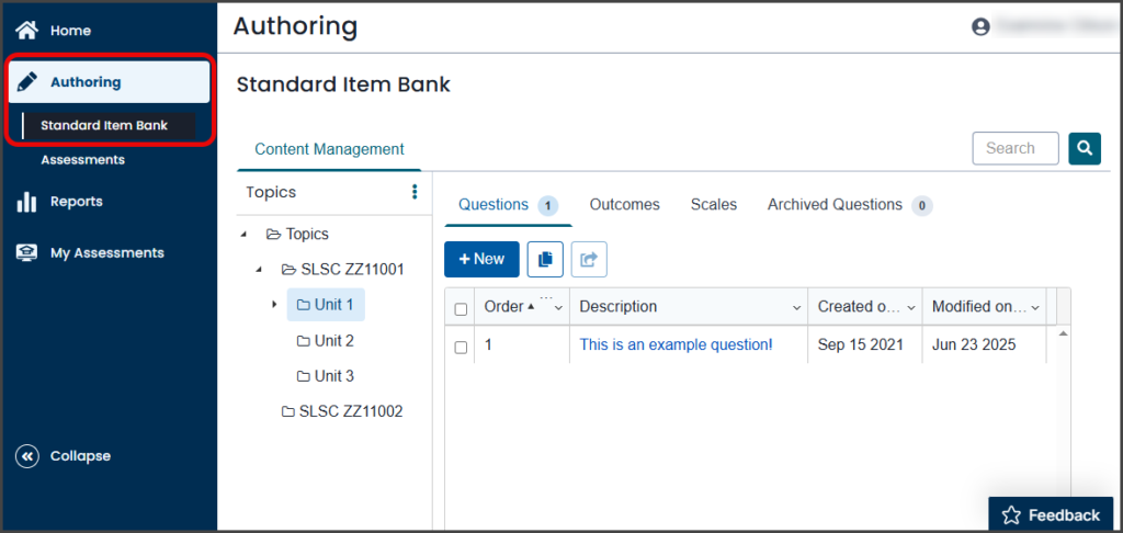 Screenshot of the Questionmark topics and questions area
