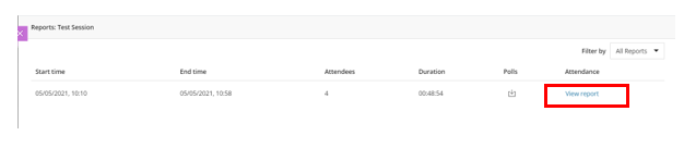 Screenshot of the reports area in Collaborate. There is a circle around the link to 'view report.'