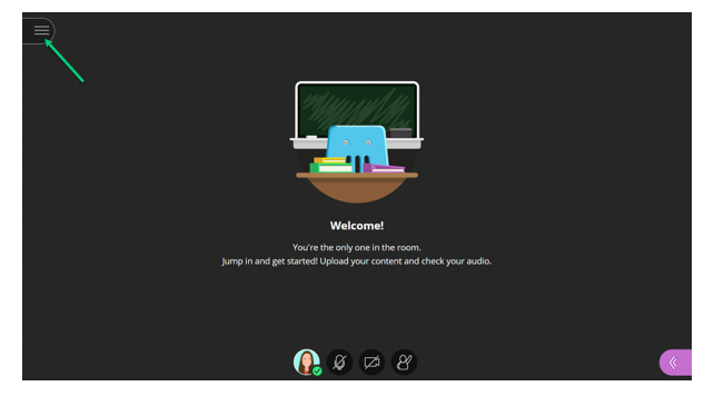 Screenshot of a Collaborate session. There is an arrow pointing to the hamburger menu in the top left-hand side of the screen.
