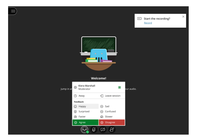 Screenshot of a Collaborate session open. The user's icon at the bottom centre of the screen has been clicked to bring up the reaction options.