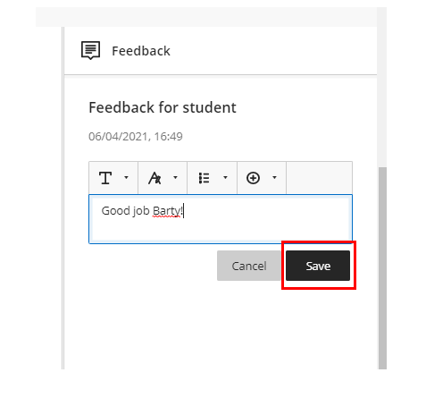 Screenshot of feedback for a student for a Blackboard Assignment. The save button has a circle around it.