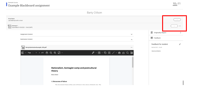 Screenshot of a student submission to a Blackboard assignment. The boxes to enter grades are highlighted.