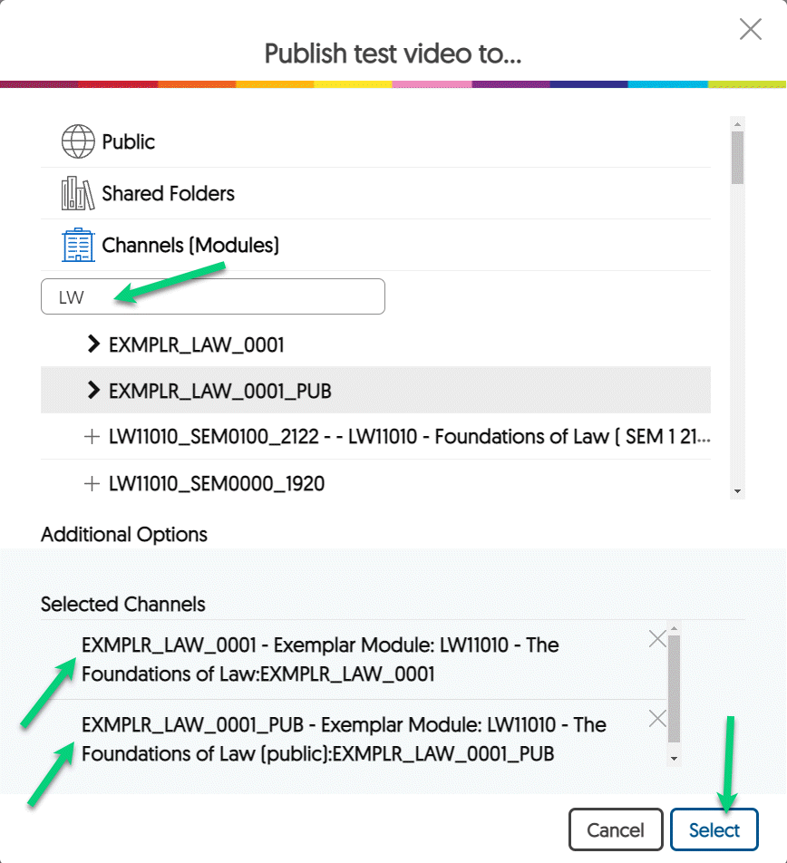 Screenshot of the Publish menu. An arrow is pointing to the search bar, to two modules in the Selected Channels area, and to the Select button.