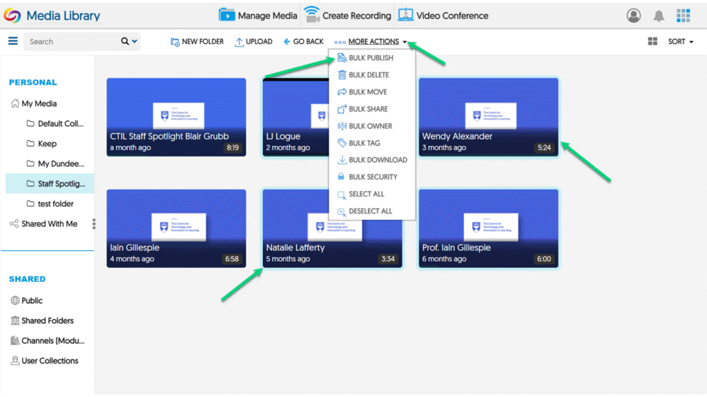 Screenshot of YuJa where there are six videos, four of which are selected. The More Options menu is open and there is an arrow pointing to it and to the option to Bulk Publish.