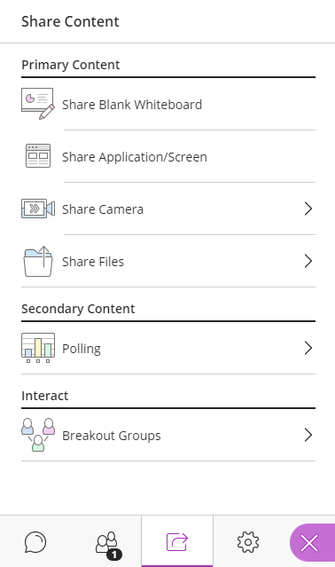 Screenshot of the Share Content tab in Collaborate