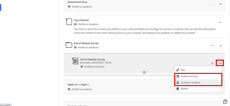 Blackboard ultra module, showing the analytics options in the content drop down menu (3 horizontal dots)