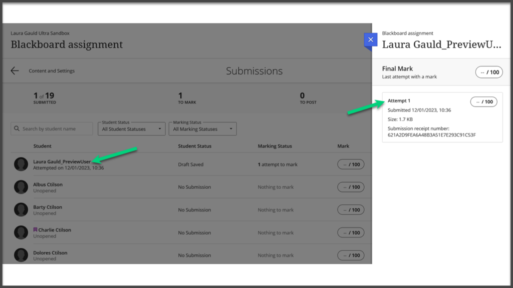 Screenshot of the submissions page with an arrow pointing at the student with a submission attempt. The side panel is open and there is an arrow pointing at the link and text for "Attempt 1".