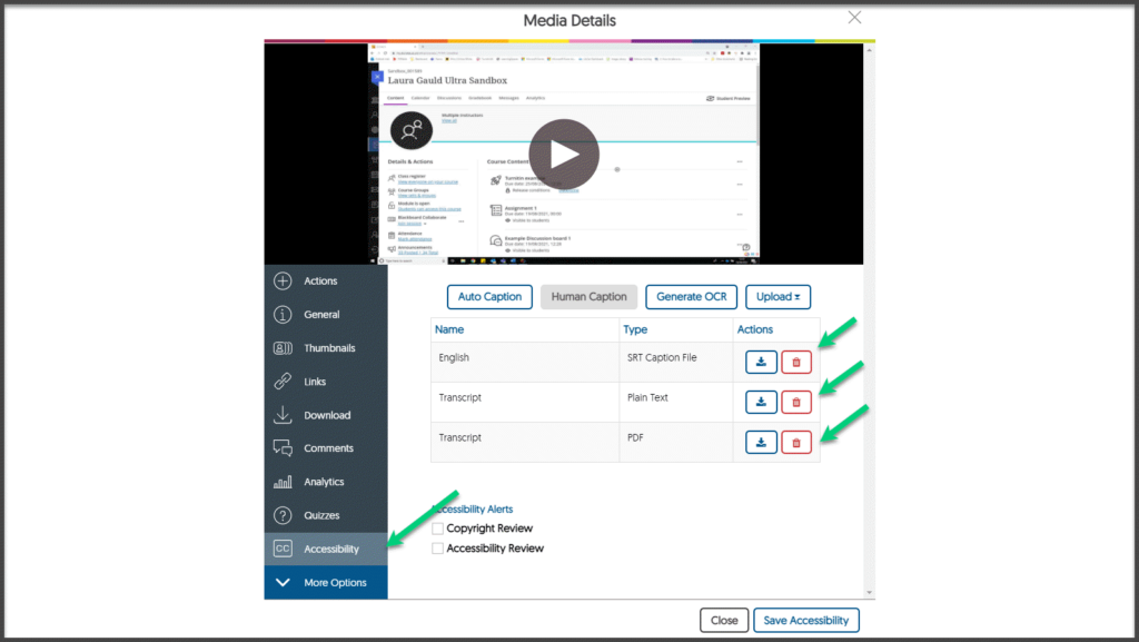 Screenshot of the Accessibility  tab open and arrows pointing at the download files for transcripts