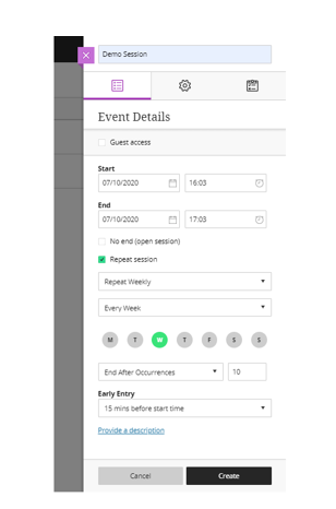 Screenshot of the Event details tab when creating a Collaborate session. The 'Repeat session' option has been selected and it bas been set to repeat weekly, every week on Wednesdays and will end after 10 occurrences.