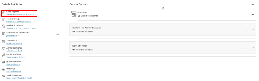 Blackboard ultra module view highlighting the class register option in the Details & Actions segment