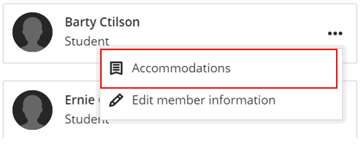 Blackboard ultra class register, student more actions menu highlighting the accommodations option