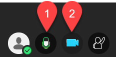 Screenshot of the mic and video icons at the bottom of the Collaborate window. There is a 1 above the mic and a 2 above the video.