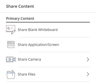 Screenshot of the Share Content area for presenters. The options are: Share Blank Whiteboard, Share Application/Screen, Share Camera, Share Files