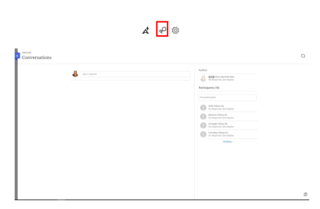 Screenshot of Blackboard Conversations open. There is a circle around the icon for conversations at the top of the page.