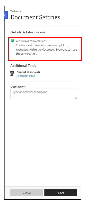 Screenshot of a Blackboard Document with the 'Conversations' settings panel open. There is a circle around the ticked option 'Allow Class Conversations'.