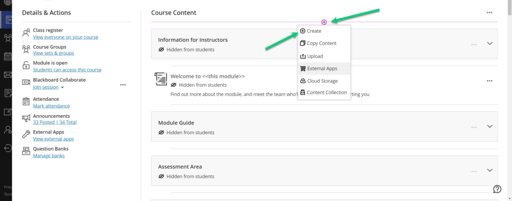 Course Content page with the plus sign open to add content menu. There is an arrow pointing to the 'Create' option.