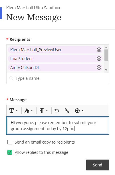 Screenshot of the messages side panel open, with the recipients pre-filled with the group members.