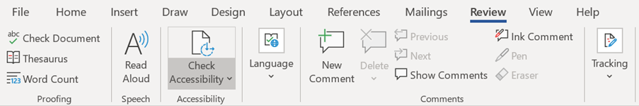 Microsoft Office ribbon Review tab highlighting the Check Accessibility button