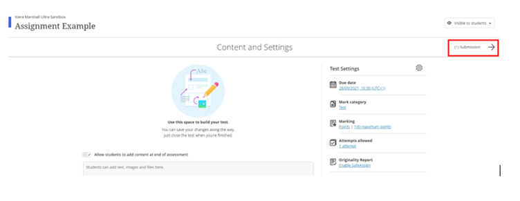 Blackboard assignment highlighting the  submissions button