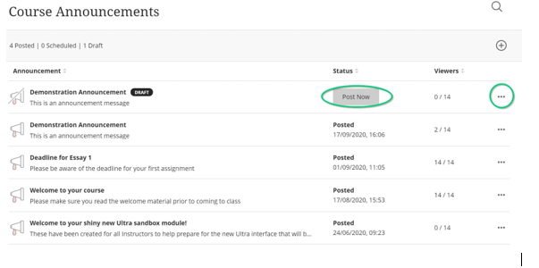 Blackboard course announcements screen highlighting the post now button and more actions button on an announcements