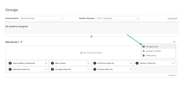 Blackboard Groups screen highlighting the message group button in the group more actions menu