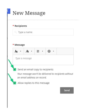 Blackboard new message screen highlighting the send an email copy to recipients and allow replies to this message buttons