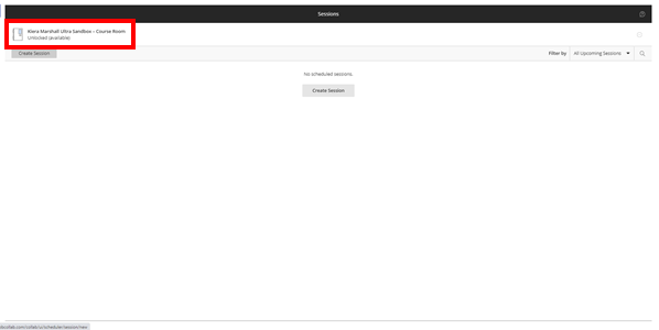 blackboard collaborate sessions menu highlighting the course room session