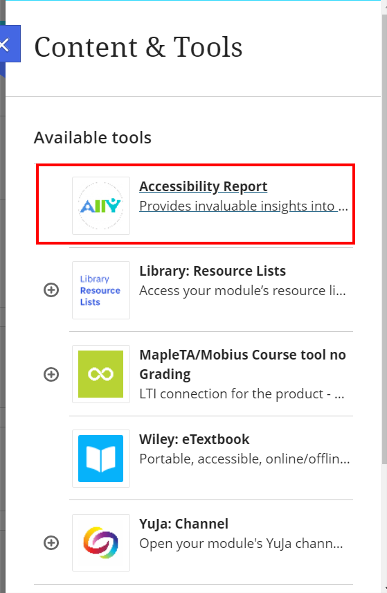 Blackboard ultra content and tools menu highlighting the Ally accessibility report option