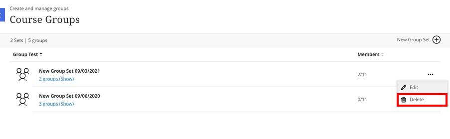 Blackboard ultra course groups screen highlighting the delete option in the group more action menu