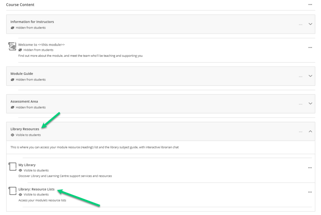 Screenshot of a default template with the Library Learning Module open and an arrow pointing at that and at the Resource List link