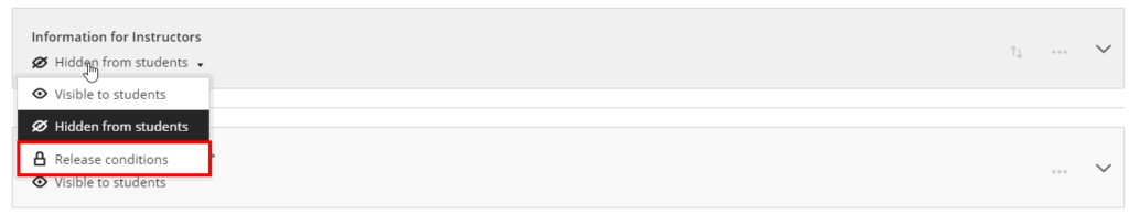 Blackboard ultra learning module visibility selection menu highlighting the Release Conditions option