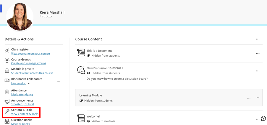 Blackboard ultra module highlighting the content and tools section