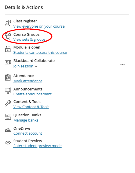 Blackboard ultra module view showing the Detals and Actions menu highlighting the course groups option