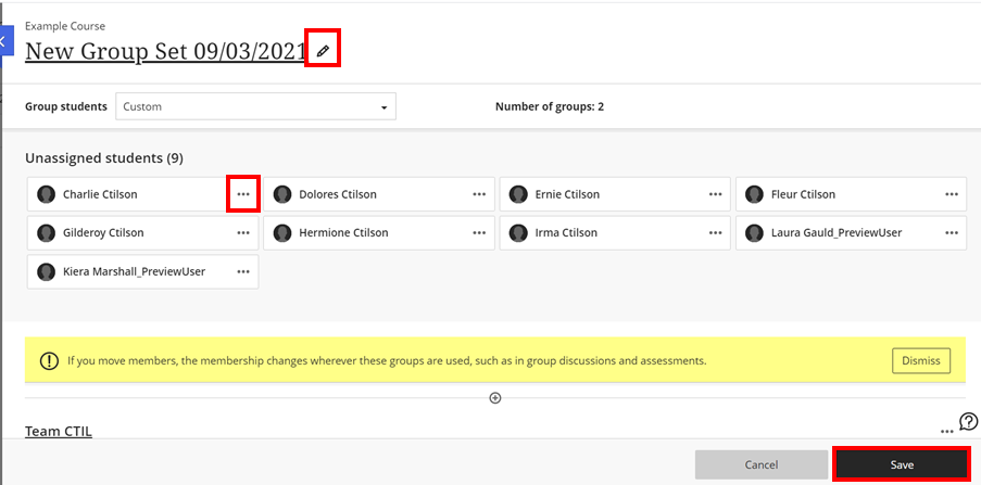 Blackboard ultra new group screen highlighting the edit name, more options and save buttons