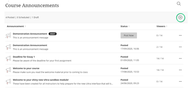 Screenshot of the announcement page in a course with a circle around the plus sign icon to add a new announcement.