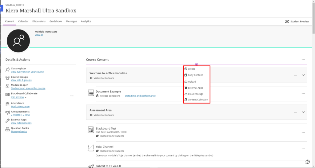 Blackboard ultra module, highlighting the add course content menu