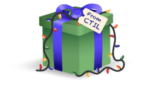Green present with a blue bow, lights and a tag reading - From CTIL.