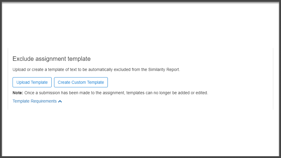 Screenshot of the Exclude assignment Template section in Settings for Turnitin. Includes a button for 'Upload Template' and one for 'Create Custom Template'.