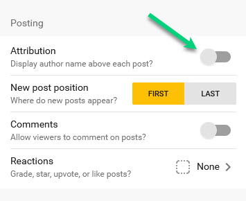 Screenshot of the posting section with an arrow pointing to the Attribution toggle. 