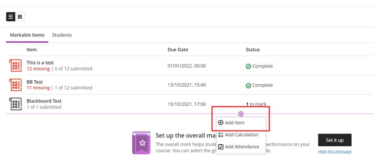 Screenshot of the gradebook with the plus sign to add a new item selected and the menu is open.