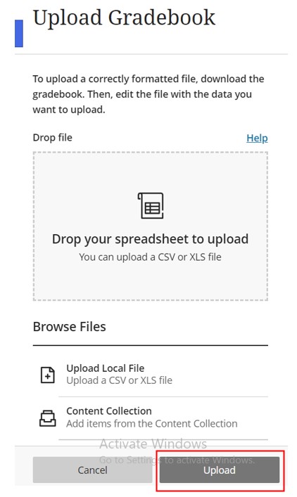 Screenshot of the upload gradebook side panel.
