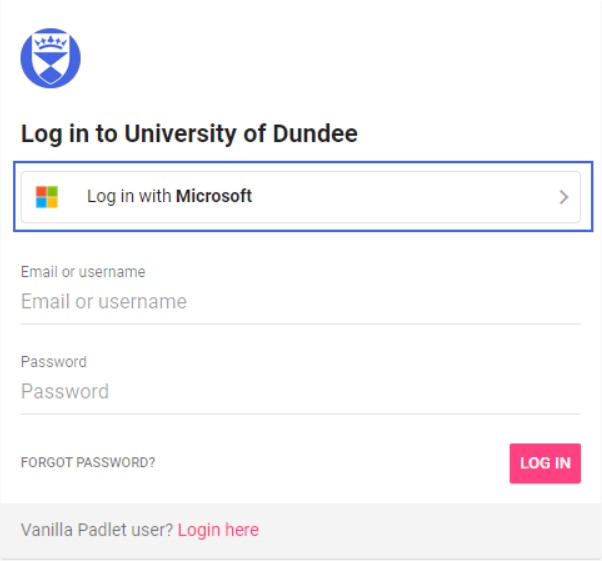 Screenshot of the Login page in Padlet with the "Log in with Microsoft" area highlighted.